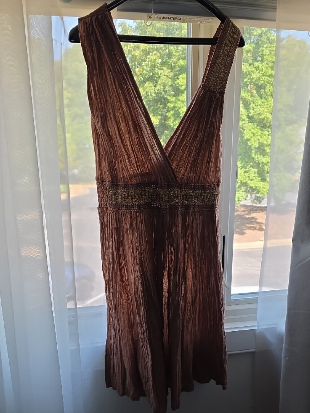 Brown Sleeveless V-Neck Dress with Gold Waist Detail